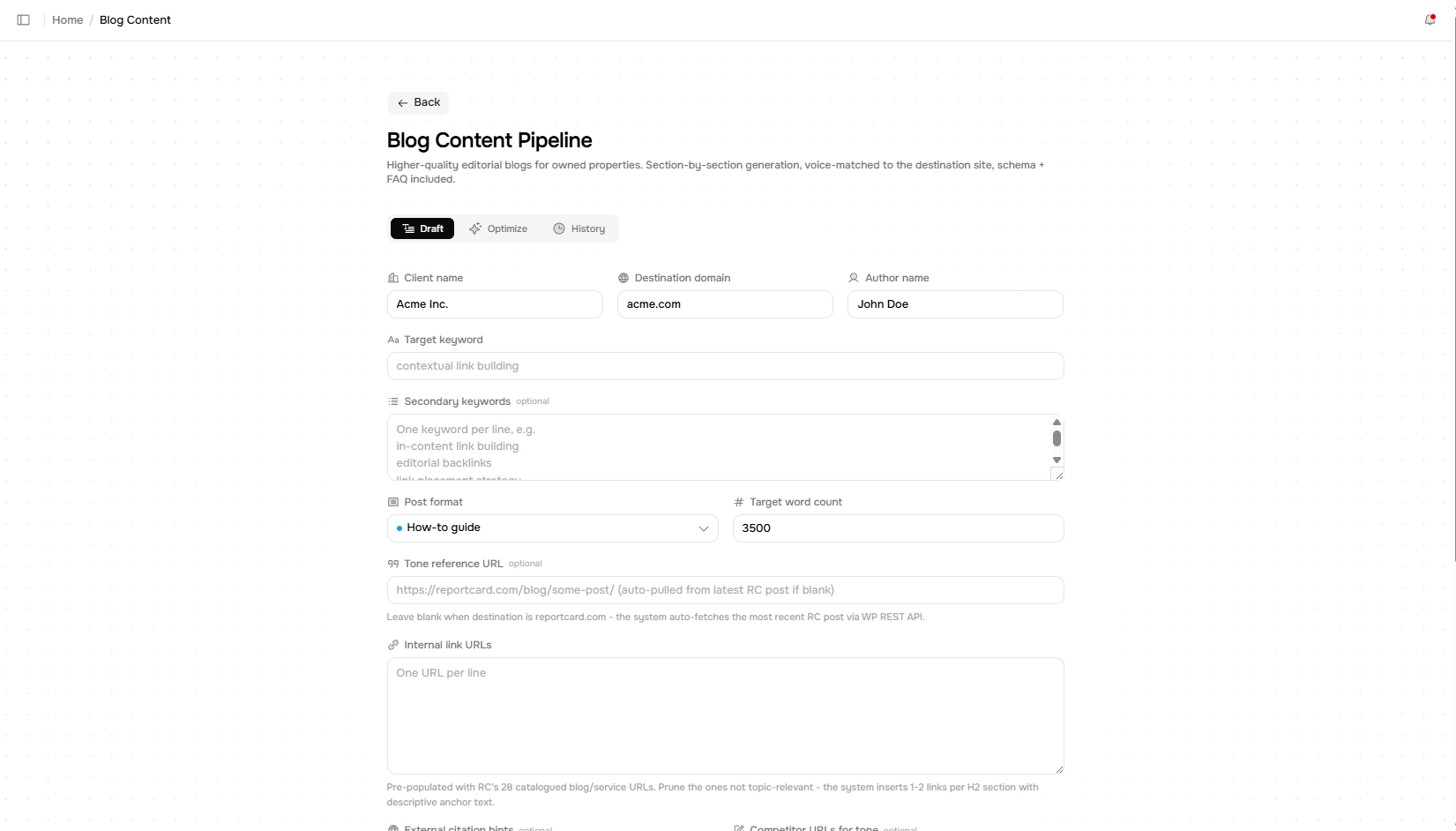 Draft dashboard